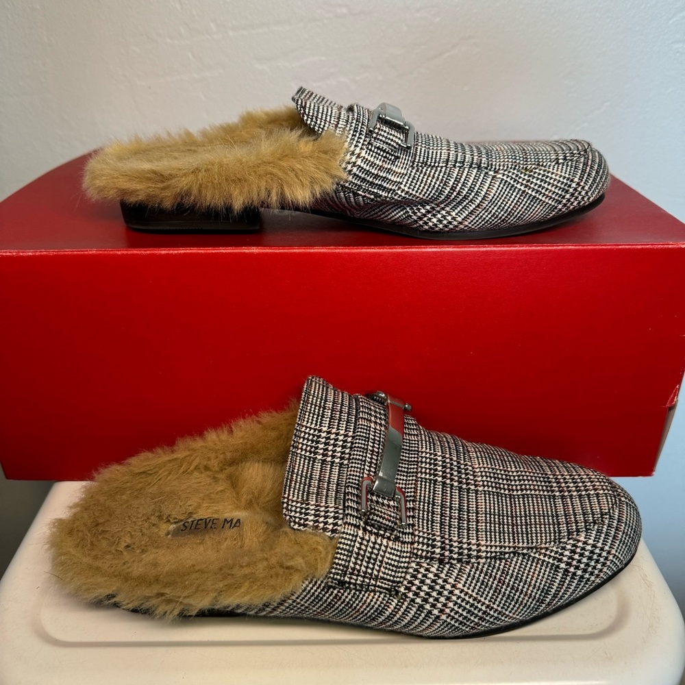 Steve Madden Plaid Khloe Faux Fur Mule SZ 6.5